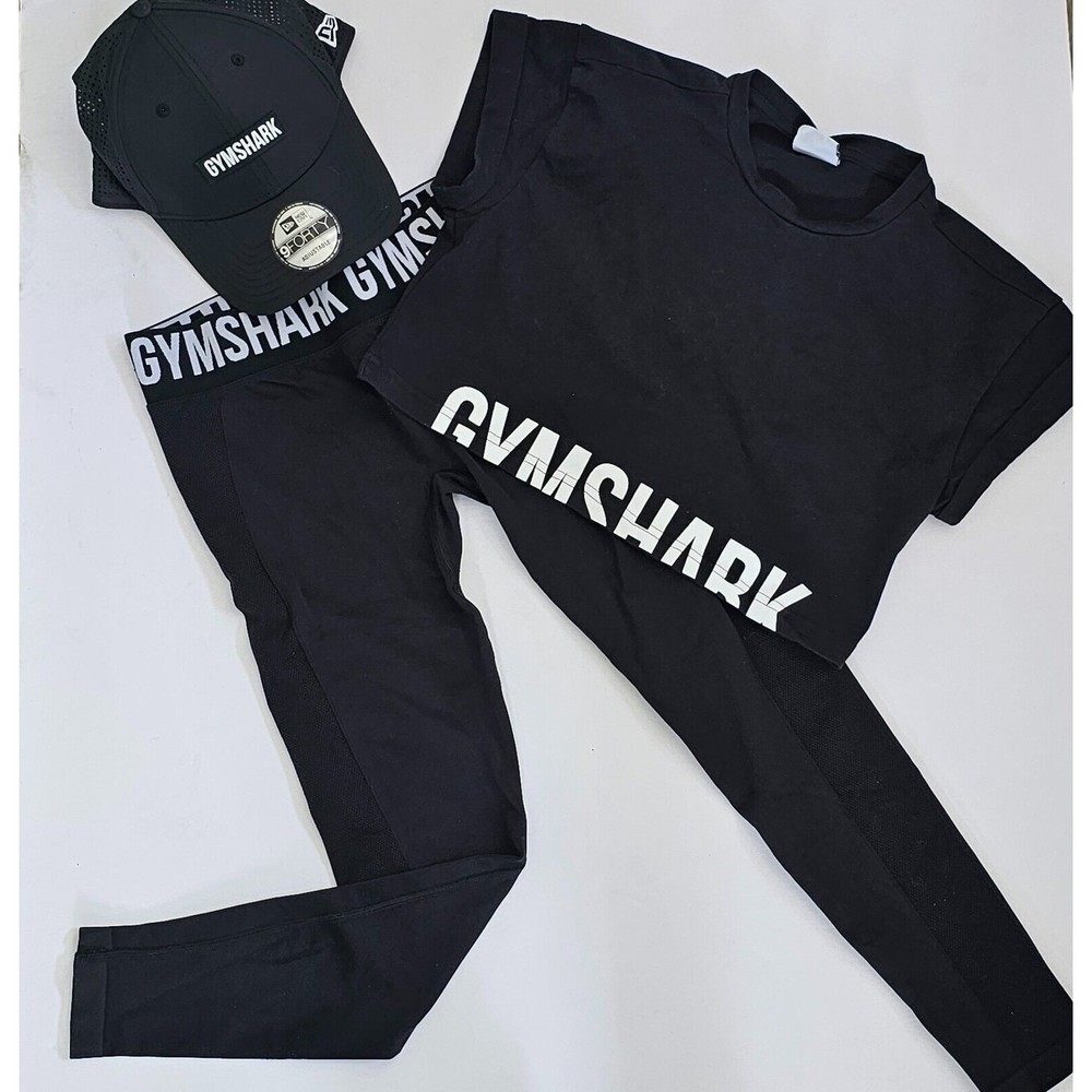 Gym Shark 3 Piece Set Black Leggings, Top and Hat Bundle Size XS